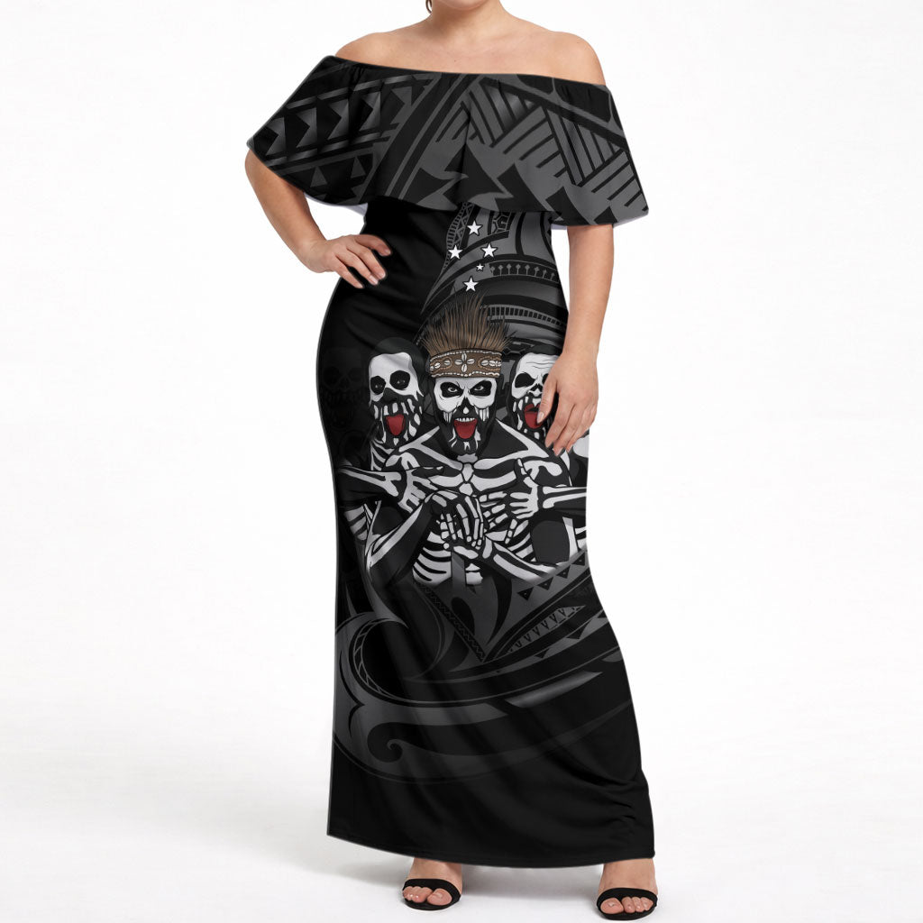 Skeleton Tribe Simbu Province Off Shoulder Maxi Dress Papua New Guinea Indigenous Pattern LT9 Women Black - Polynesian Pride