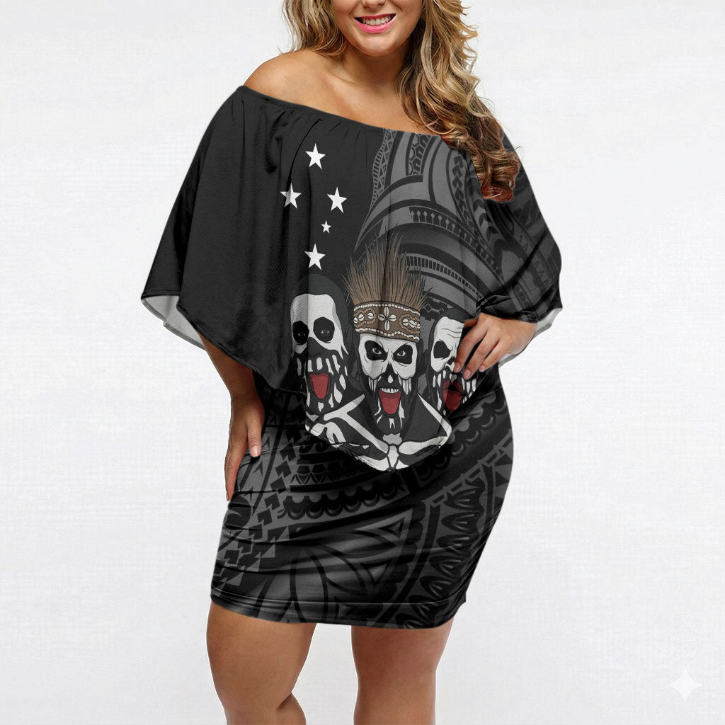Skeleton Tribe Simbu Province Off Shoulder Short Dress Papua New Guinea Indigenous Pattern LT9 Women Black - Polynesian Pride