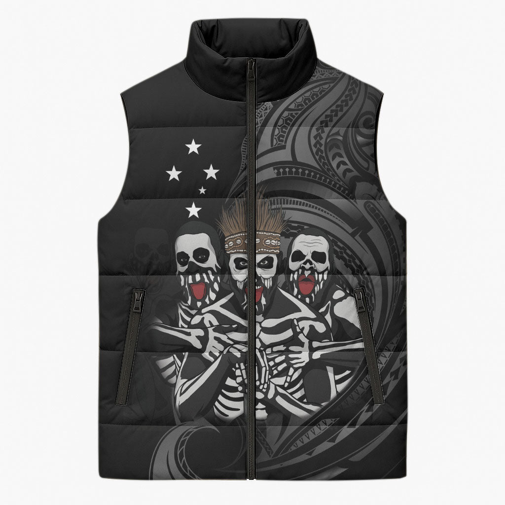 Skeleton Tribe Simbu Province Sleeveless Puffer Jacket Papua New Guinea Indigenous Pattern LT9 Unisex Black - Polynesian Pride