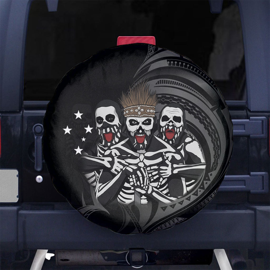 Skeleton Tribe Simbu Province Spare Tire Cover Papua New Guinea Indigenous Pattern LT9 No hole Black - Polynesian Pride