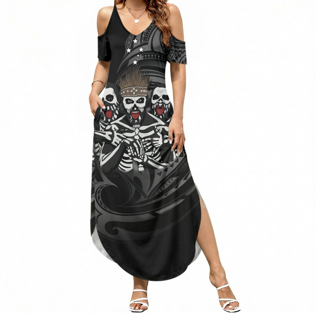 Skeleton Tribe Simbu Province Summer Maxi Dress Papua New Guinea Indigenous Pattern LT9 Women Black - Polynesian Pride