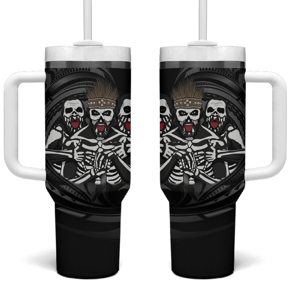 Skeleton Tribe Simbu Province Tumbler With Handle Papua New Guinea Indigenous Pattern LT9 One Size: 40 oz Black - Polynesian Pride