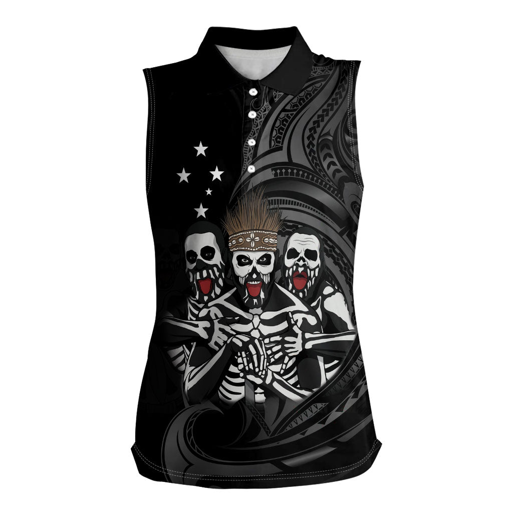 Skeleton Tribe Simbu Province Women Sleeveless Polo Shirt Papua New Guinea Indigenous Pattern LT9 Female Black - Polynesian Pride