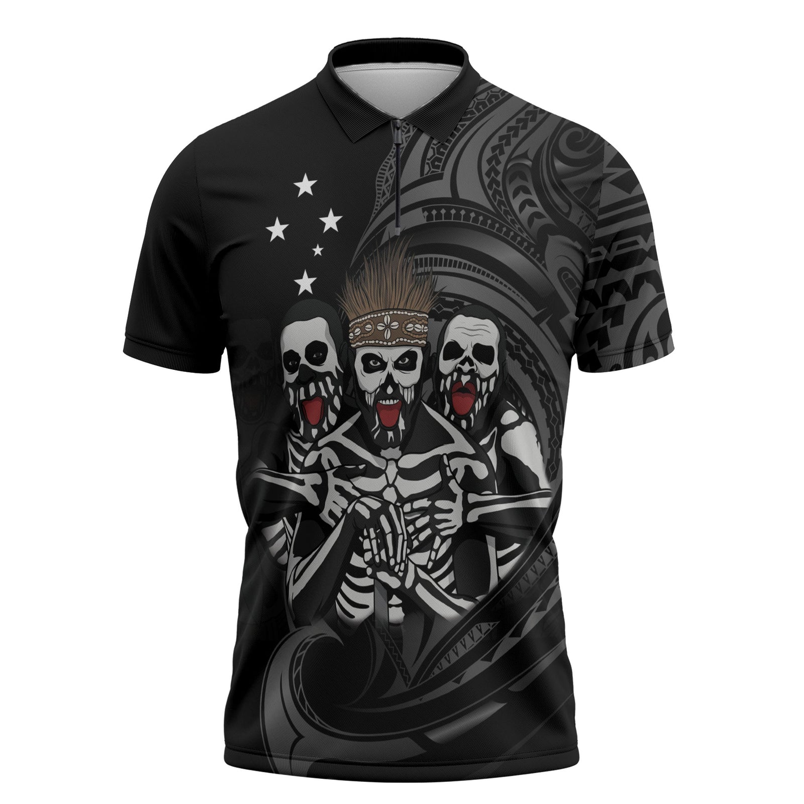 Skeleton Tribe Simbu Province Zipper Polo Shirt Papua New Guinea Indigenous Pattern LT9 Black - Polynesian Pride