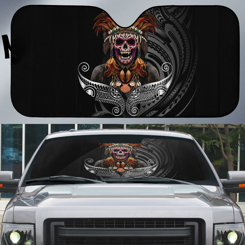 Mokomoko Tribe Eastern Highlands Province Auto Sun Shade Papua New Guinea Indigenous Pattern LT9 Black - Polynesian Pride