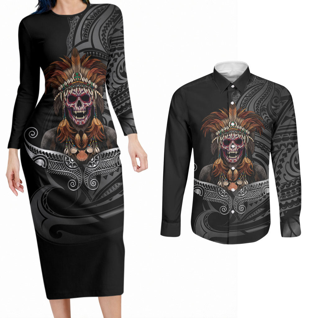 Mokomoko Tribe Eastern Highlands Province Couples Matching Long Sleeve Bodycon Dress and Long Sleeve Button Shirt Papua New Guinea Indigenous Pattern LT9 Black - Polynesian Pride