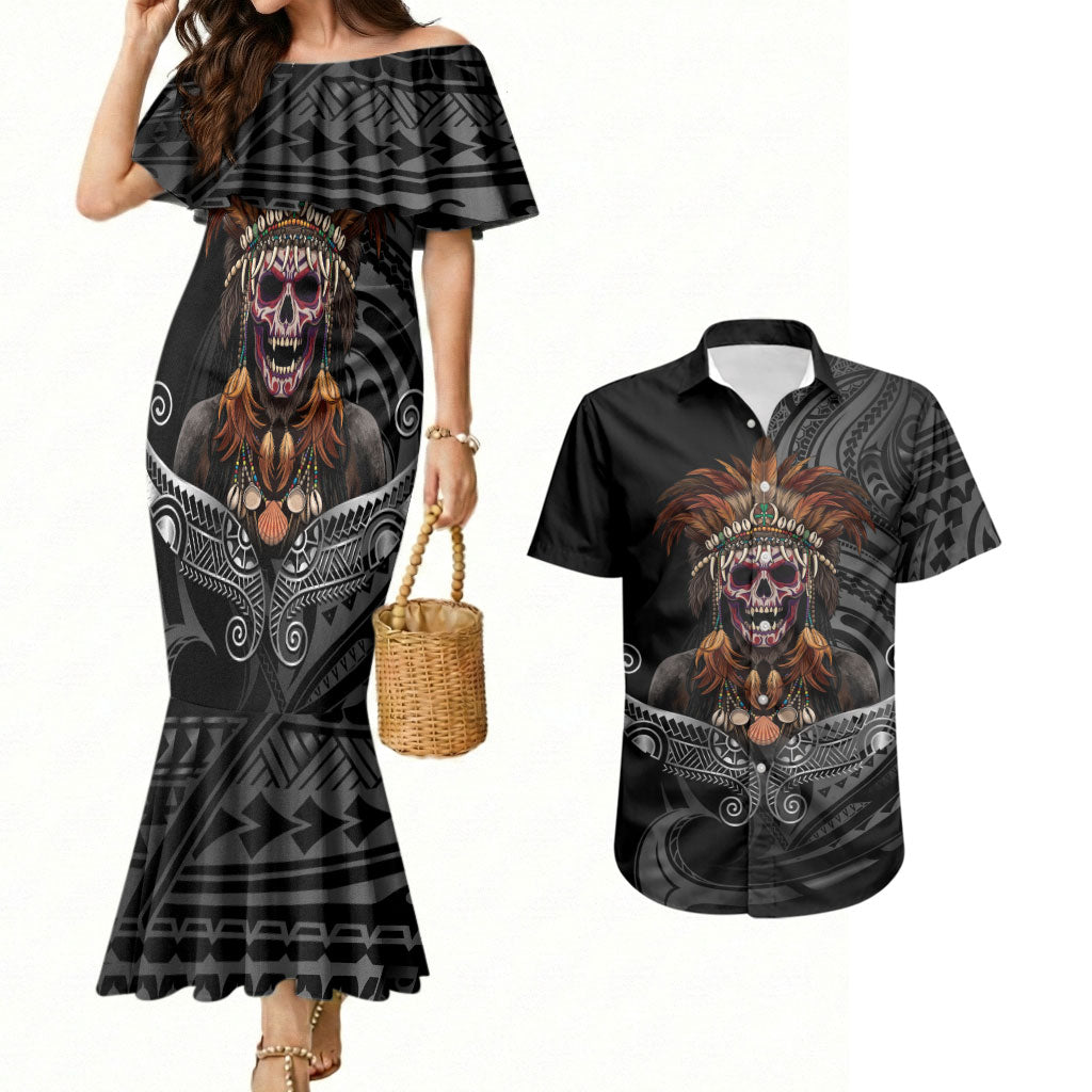 Mokomoko Tribe Eastern Highlands Province Couples Matching Mermaid Dress and Hawaiian Shirt Papua New Guinea Indigenous Pattern LT9 Black - Polynesian Pride