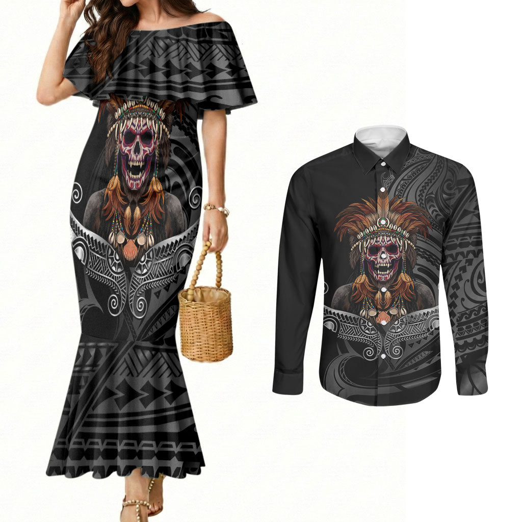 Mokomoko Tribe Eastern Highlands Province Couples Matching Mermaid Dress and Long Sleeve Button Shirt Papua New Guinea Indigenous Pattern LT9 Black - Polynesian Pride