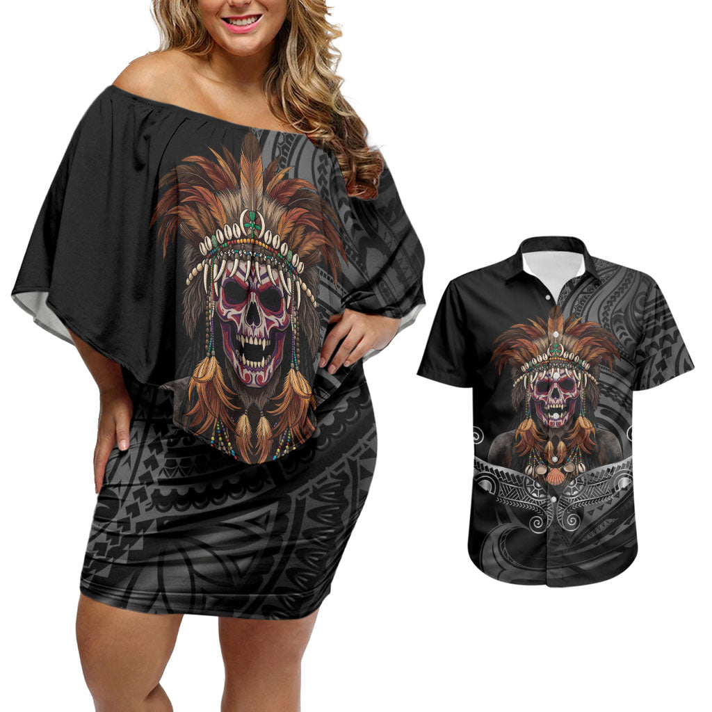 Mokomoko Tribe Eastern Highlands Province Couples Matching Off Shoulder Short Dress and Hawaiian Shirt Papua New Guinea Indigenous Pattern LT9 Black - Polynesian Pride