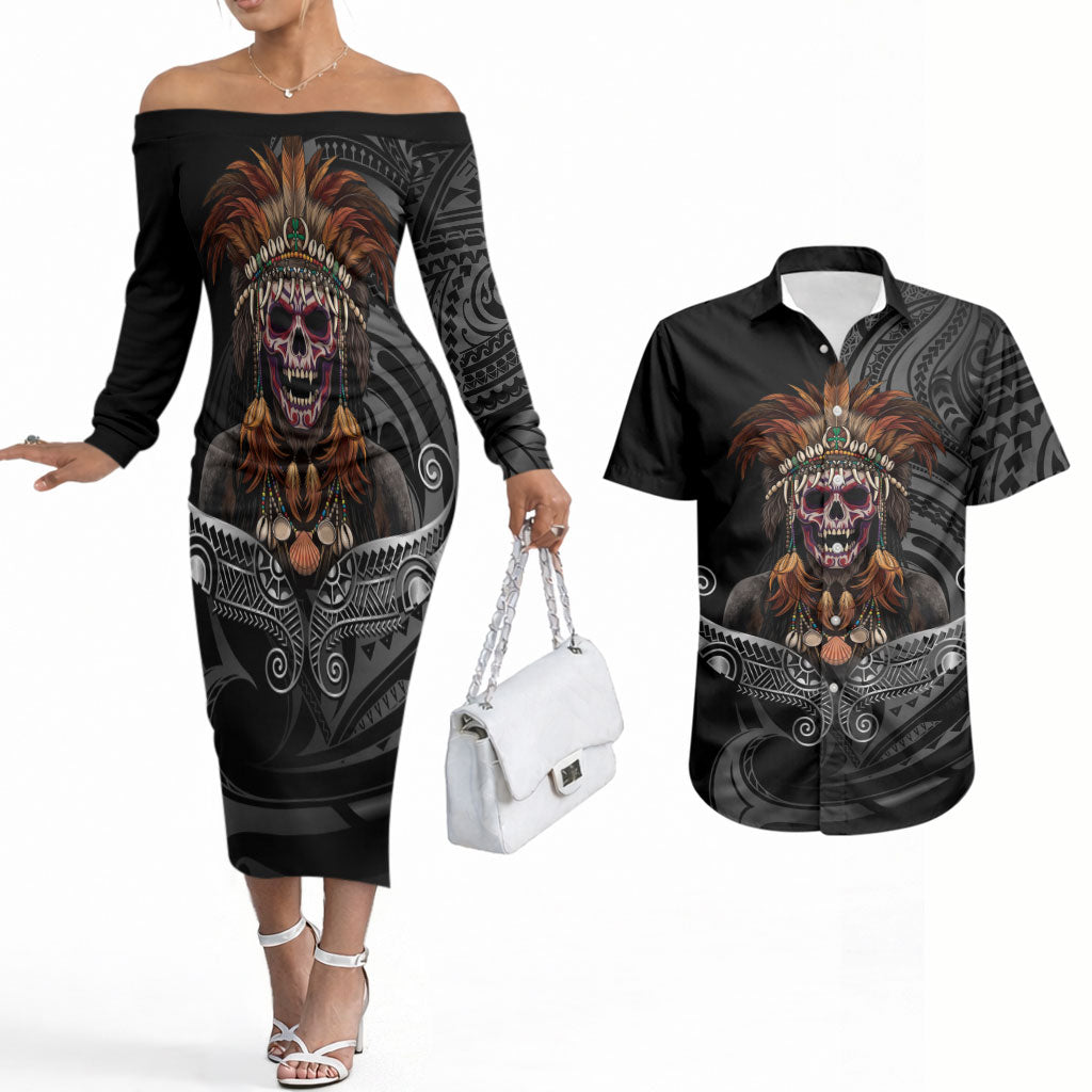 Mokomoko Tribe Eastern Highlands Province Couples Matching Off The Shoulder Long Sleeve Dress and Hawaiian Shirt Papua New Guinea Indigenous Pattern LT9 Black - Polynesian Pride