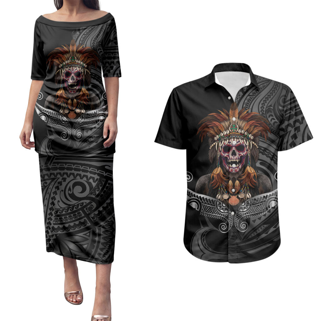 Mokomoko Tribe Eastern Highlands Province Couples Matching Puletasi and Hawaiian Shirt Papua New Guinea Indigenous Pattern LT9 Black - Polynesian Pride