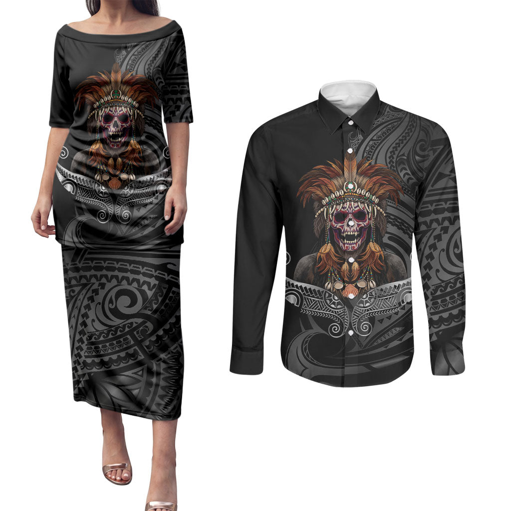 Mokomoko Tribe Eastern Highlands Province Couples Matching Puletasi and Long Sleeve Button Shirt Papua New Guinea Indigenous Pattern LT9 Black - Polynesian Pride