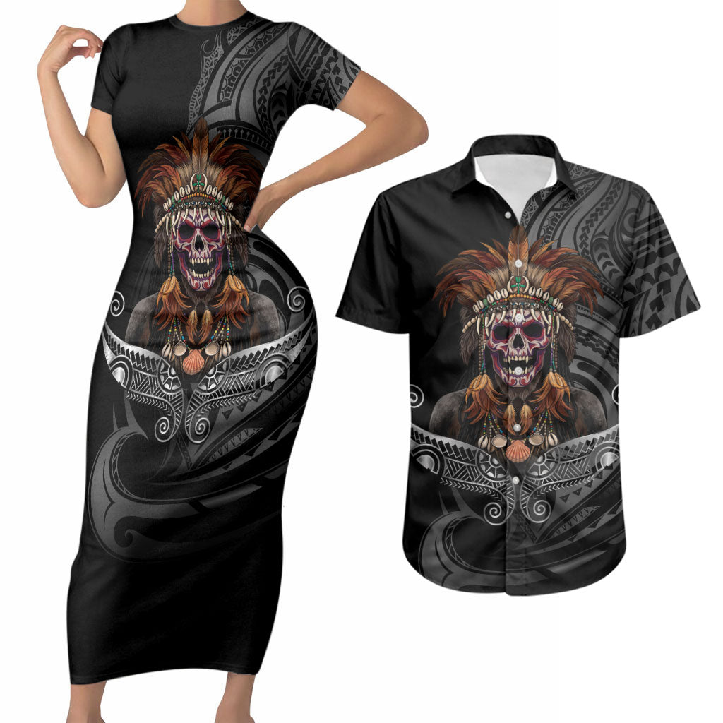 Mokomoko Tribe Eastern Highlands Province Couples Matching Short Sleeve Bodycon Dress and Hawaiian Shirt Papua New Guinea Indigenous Pattern LT9 Black - Polynesian Pride