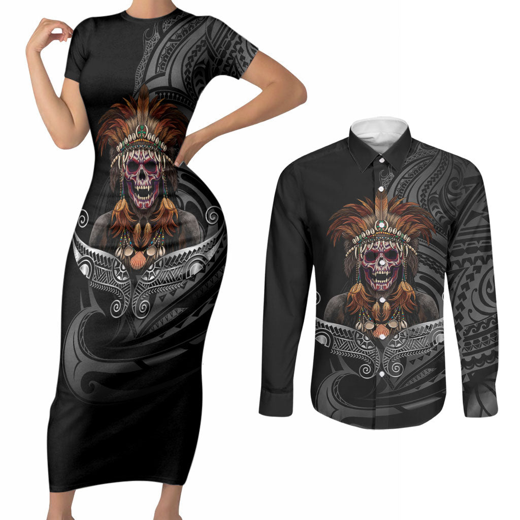 Mokomoko Tribe Eastern Highlands Province Couples Matching Short Sleeve Bodycon Dress and Long Sleeve Button Shirt Papua New Guinea Indigenous Pattern LT9 Black - Polynesian Pride