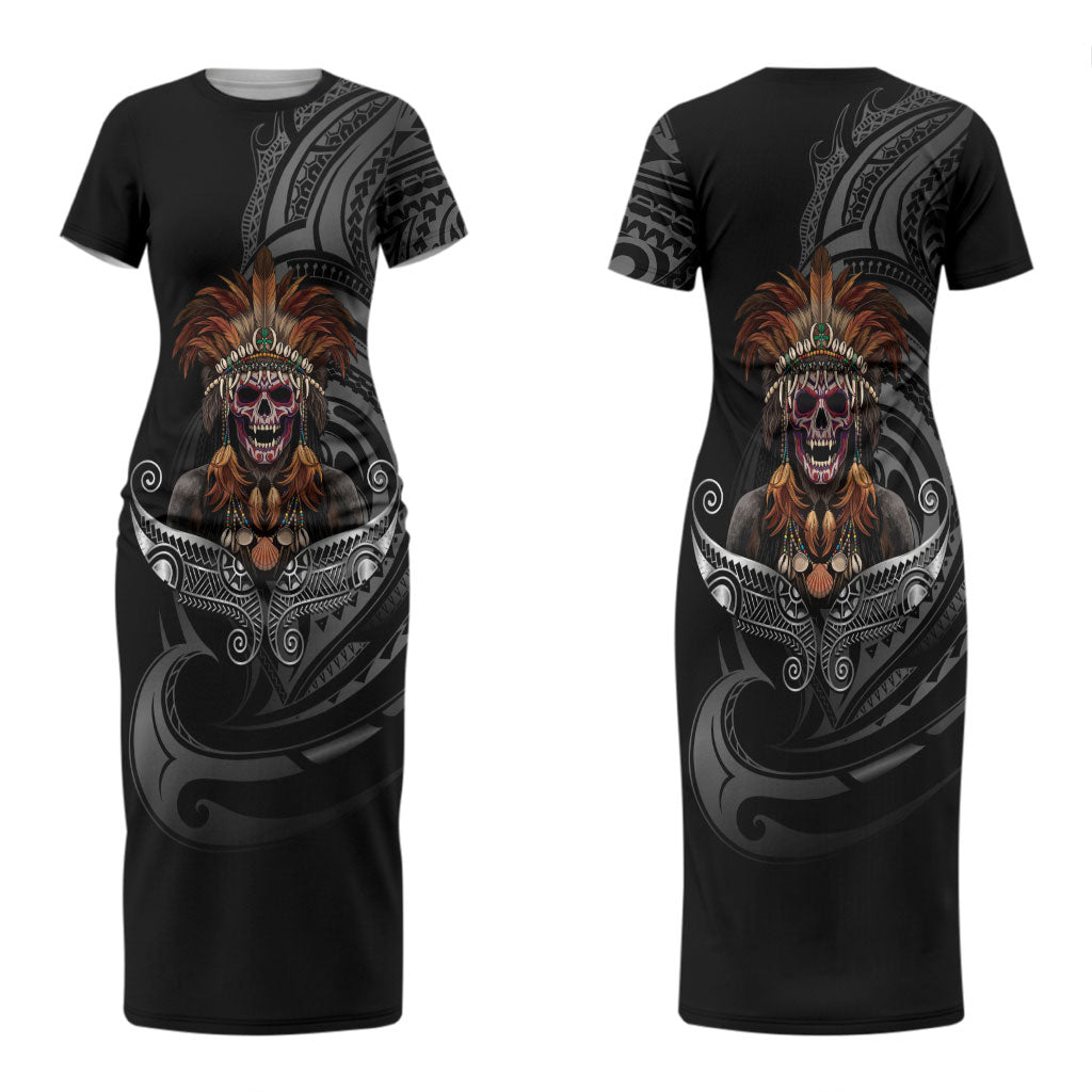 Mokomoko Tribe Eastern Highlands Province Couples Matching Short Sleeve Bodycon Dress and Long Sleeve Button Shirt Papua New Guinea Indigenous Pattern LT9 - Polynesian Pride