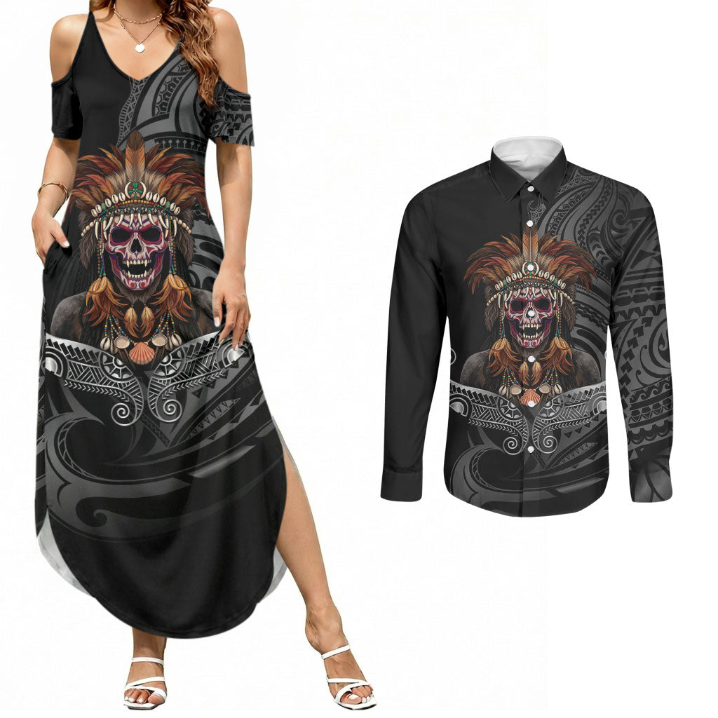 Mokomoko Tribe Eastern Highlands Province Couples Matching Summer Maxi Dress and Long Sleeve Button Shirt Papua New Guinea Indigenous Pattern LT9 Black - Polynesian Pride