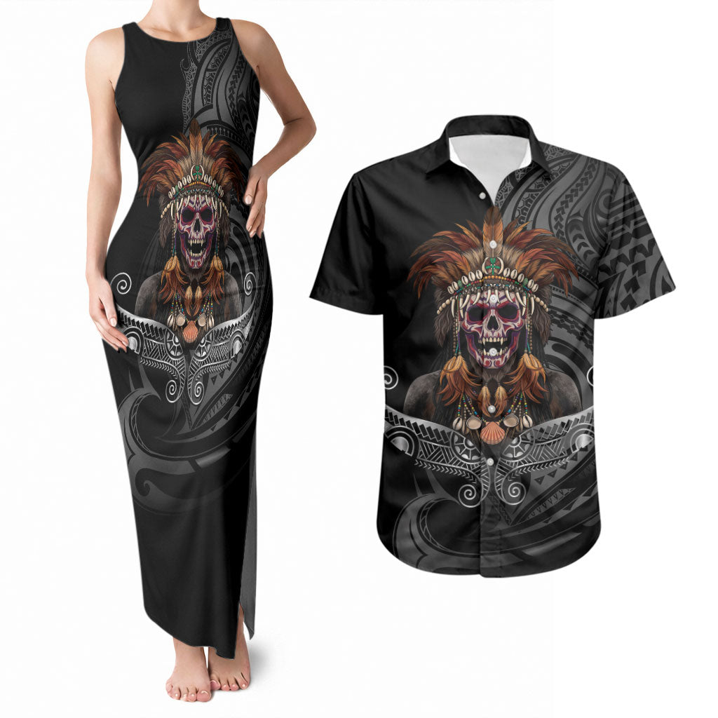 Mokomoko Tribe Eastern Highlands Province Couples Matching Tank Maxi Dress and Hawaiian Shirt Papua New Guinea Indigenous Pattern LT9 Black - Polynesian Pride