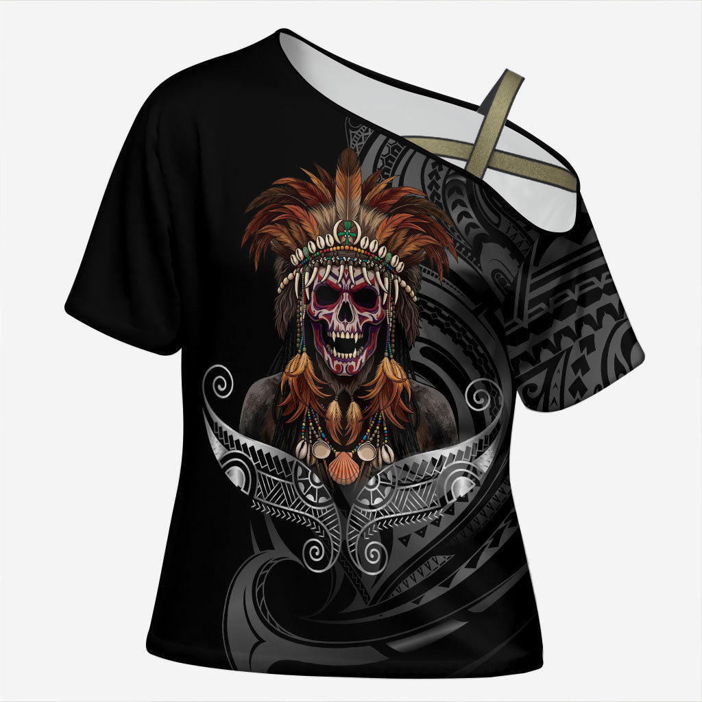 Mokomoko Tribe Eastern Highlands Province Cross Shoulder Shirt Papua New Guinea Indigenous Pattern LT9 Female Black - Polynesian Pride