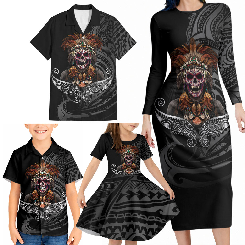 Mokomoko Tribe Eastern Highlands Province Family Matching Long Sleeve Bodycon Dress and Hawaiian Shirt Papua New Guinea Indigenous Pattern LT9 - Polynesian Pride