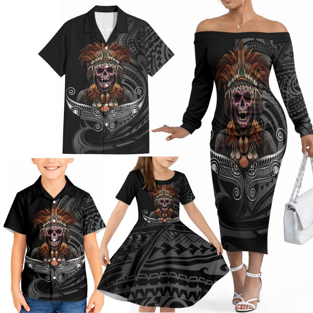 Mokomoko Tribe Eastern Highlands Province Family Matching Off The Shoulder Long Sleeve Dress and Hawaiian Shirt Papua New Guinea Indigenous Pattern LT9 - Polynesian Pride