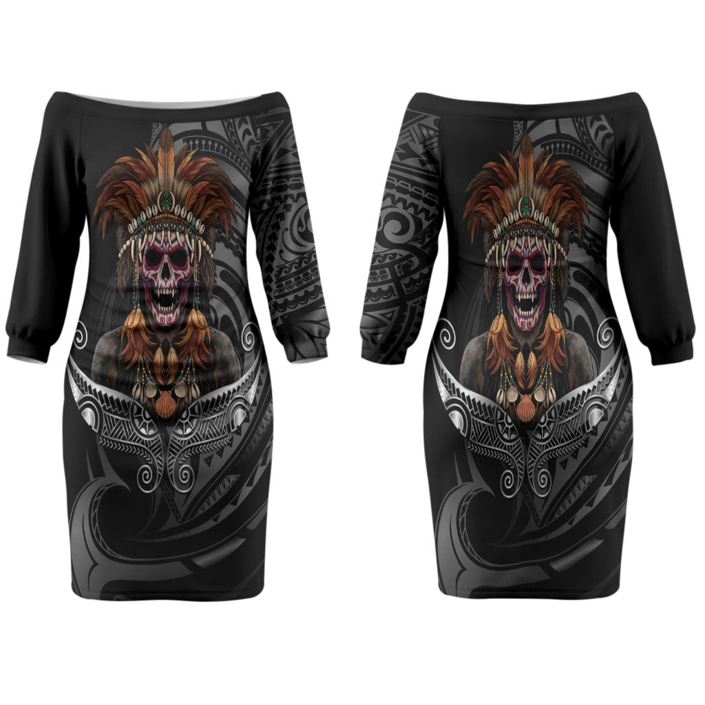 Mokomoko Tribe Eastern Highlands Province Family Matching Off The Shoulder Long Sleeve Dress and Hawaiian Shirt Papua New Guinea Indigenous Pattern LT9 Mom's Dress Black - Polynesian Pride