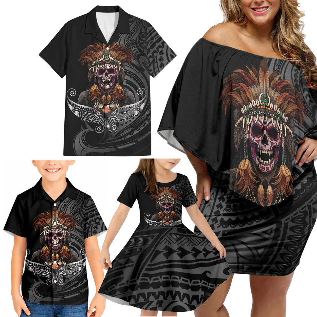 Mokomoko Tribe Eastern Highlands Province Family Matching Off Shoulder Short Dress and Hawaiian Shirt Papua New Guinea Indigenous Pattern LT9 - Polynesian Pride