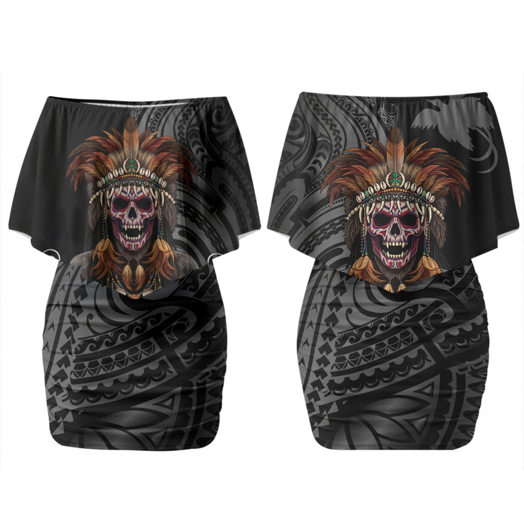 Mokomoko Tribe Eastern Highlands Province Family Matching Off Shoulder Short Dress and Hawaiian Shirt Papua New Guinea Indigenous Pattern LT9 Mom's Dress Black - Polynesian Pride