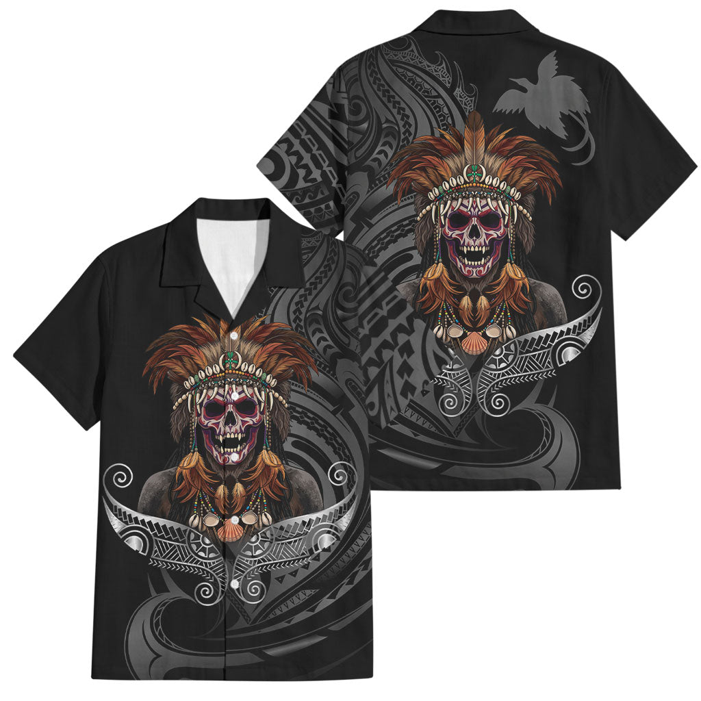Mokomoko Tribe Eastern Highlands Province Family Matching Off Shoulder Short Dress and Hawaiian Shirt Papua New Guinea Indigenous Pattern LT9 Dad's Shirt - Short Sleeve Black - Polynesian Pride