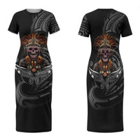 Mokomoko Tribe Eastern Highlands Province Family Matching Short Sleeve Bodycon Dress and Hawaiian Shirt Papua New Guinea Indigenous Pattern LT9 Mom's Dress Black - Polynesian Pride