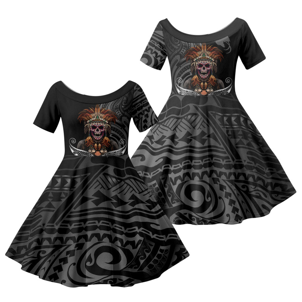 Mokomoko Tribe Eastern Highlands Province Family Matching Short Sleeve Bodycon Dress and Hawaiian Shirt Papua New Guinea Indigenous Pattern LT9 Daughter's Dress Black - Polynesian Pride