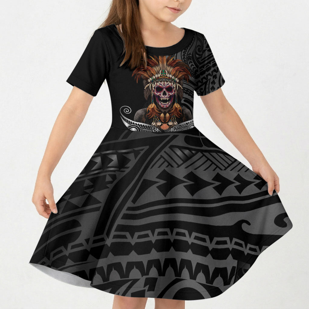 Mokomoko Tribe Eastern Highlands Province Kid Short Sleeve Dress Papua New Guinea Indigenous Pattern LT9 KID Black - Polynesian Pride