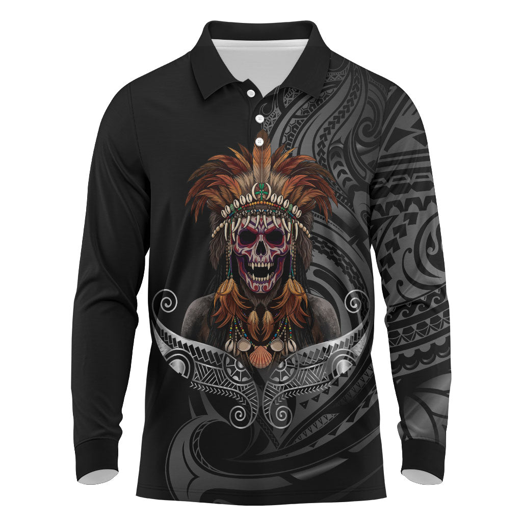 Mokomoko Tribe Eastern Highlands Province Long Sleeve Polo Shirt Papua New Guinea Indigenous Pattern LT9 Black - Polynesian Pride