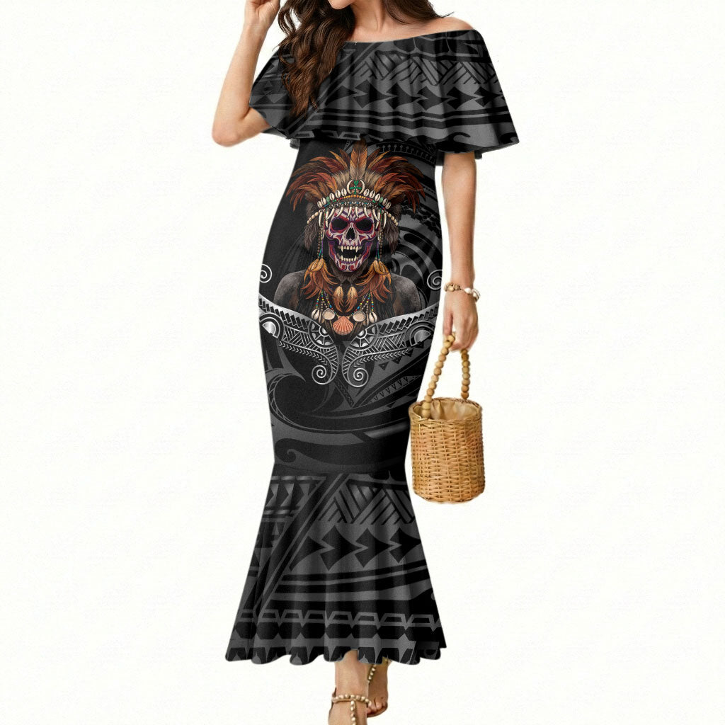 Mokomoko Tribe Eastern Highlands Province Mermaid Dress Papua New Guinea Indigenous Pattern LT9 Women Black - Polynesian Pride