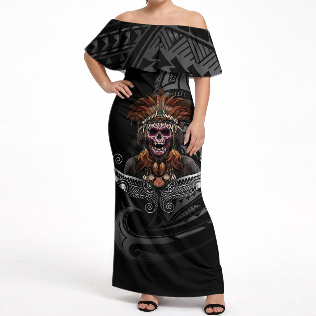 Mokomoko Tribe Eastern Highlands Province Off Shoulder Maxi Dress Papua New Guinea Indigenous Pattern LT9 Women Black - Polynesian Pride