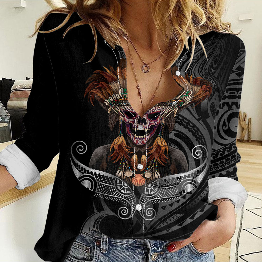 Mokomoko Tribe Eastern Highlands Province Women Casual Shirt Papua New Guinea Indigenous Pattern LT9 Female Black - Polynesian Pride
