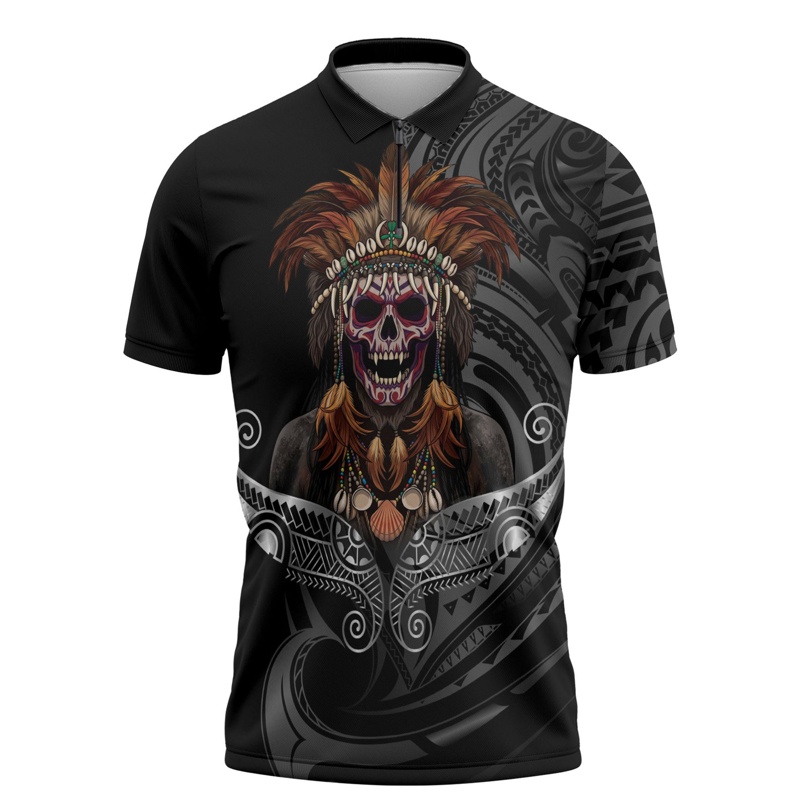 Mokomoko Tribe Eastern Highlands Province Zipper Polo Shirt Papua New Guinea Indigenous Pattern LT9 Black - Polynesian Pride
