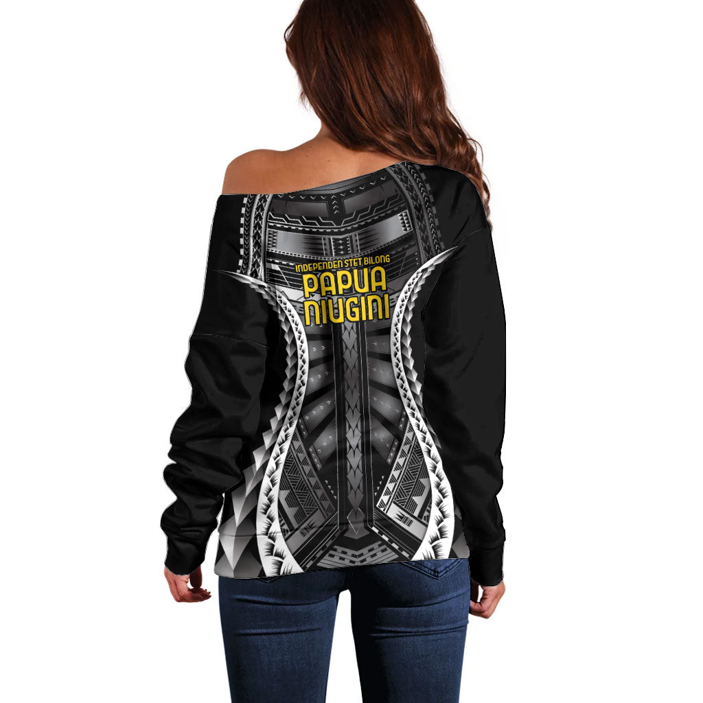 Independen Stet bilong Papua Niugini 1975 Off Shoulder Sweater Black Tribal Papua New Guinea Province Flag LT9 - Polynesian Pride