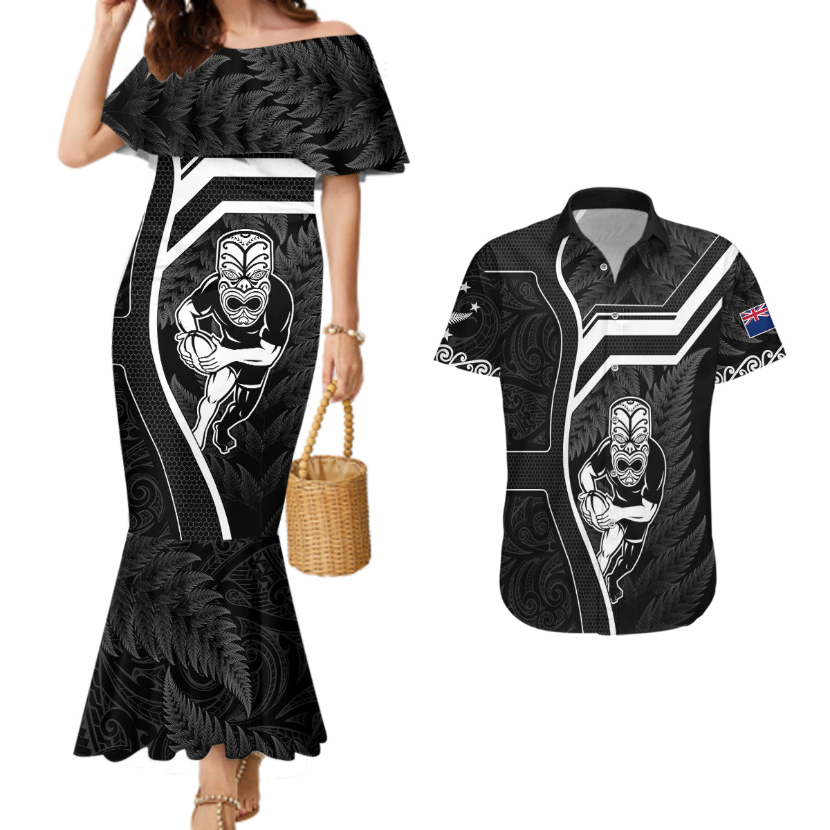 New Zealand Aotearoa Rugby Couples Matching Mermaid Dress and Hawaiian Shirt Black Fern Maori Tribal Sporty Style LT9 Black - Polynesian Pride