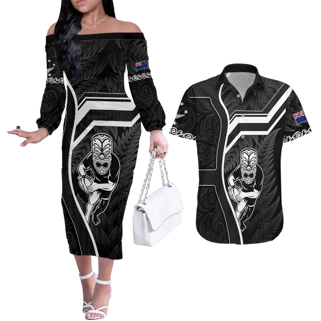 New Zealand Aotearoa Rugby Couples Matching Off The Shoulder Long Sleeve Dress and Hawaiian Shirt Black Fern Maori Tribal Sporty Style LT9 Black - Polynesian Pride