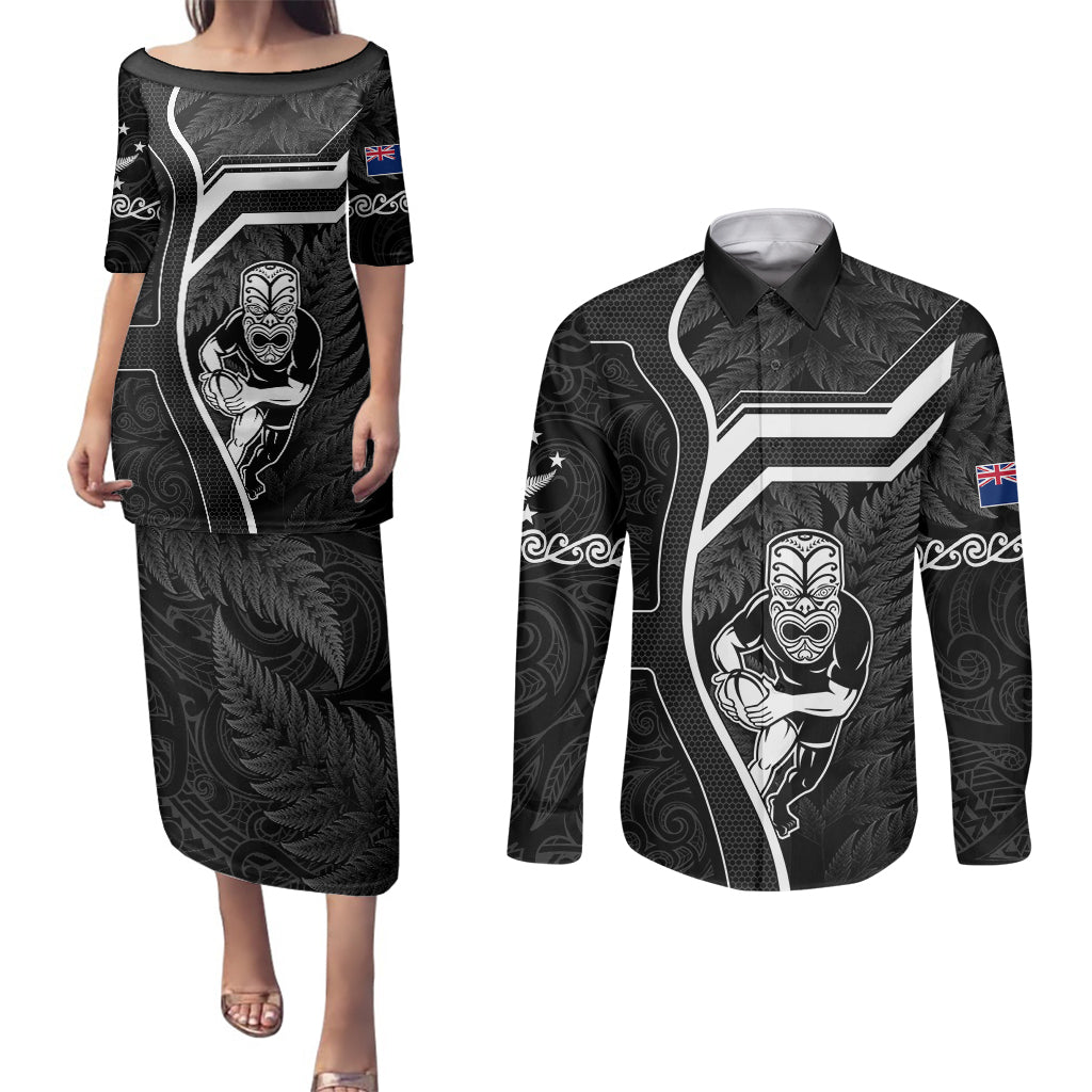 New Zealand Aotearoa Rugby Couples Matching Puletasi Dress and Long Sleeve Button Shirts Black Fern Maori Tribal Sporty Style LT9 Black - Polynesian Pride