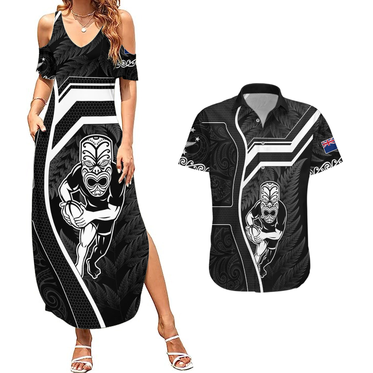 New Zealand Aotearoa Rugby Couples Matching Summer Maxi Dress and Hawaiian Shirt Black Fern Maori Tribal Sporty Style LT9 Black - Polynesian Pride