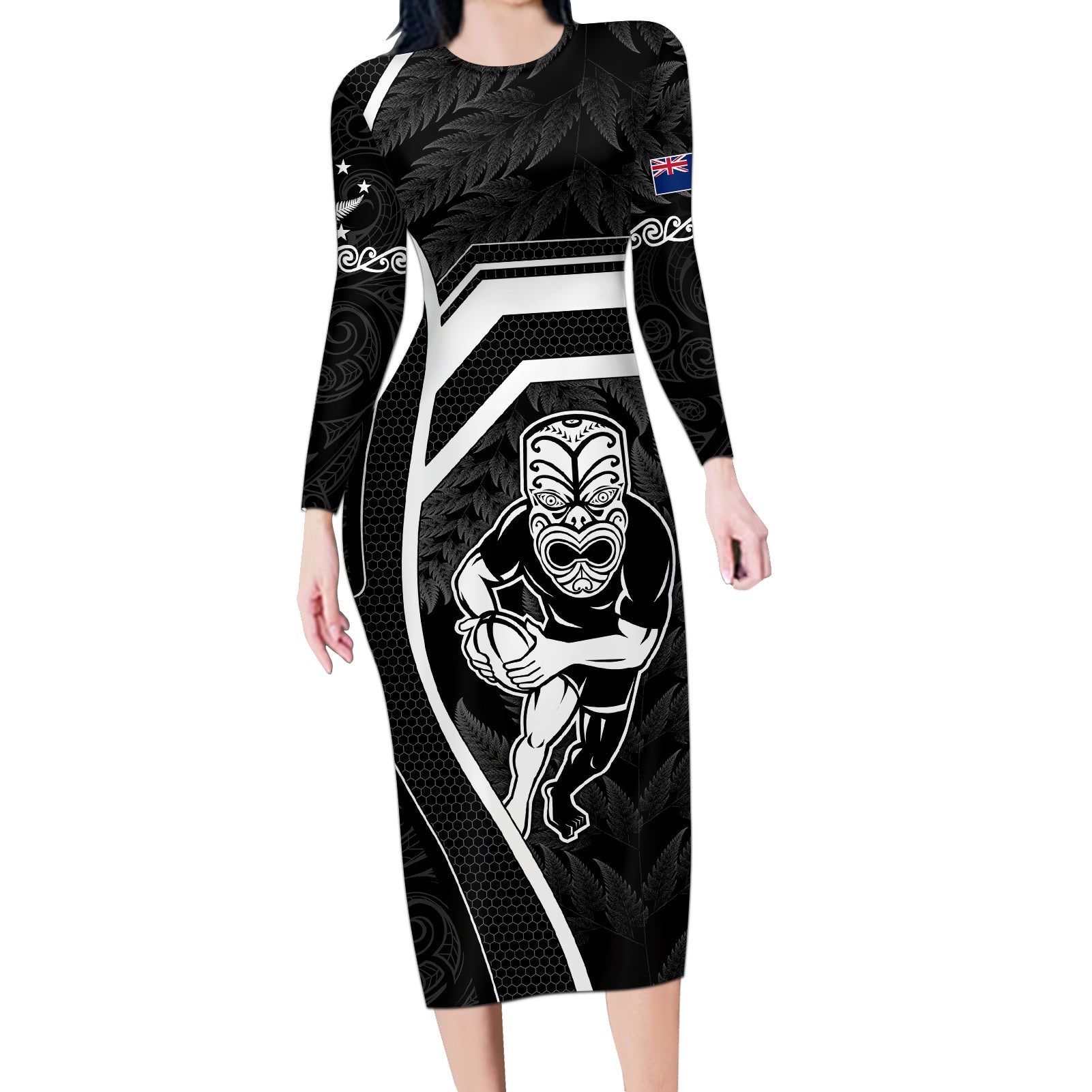 New Zealand Aotearoa Rugby Long Sleeve Bodycon Dress Black Fern Maori Tribal Sporty Style LT9 Long Dress Black - Polynesian Pride