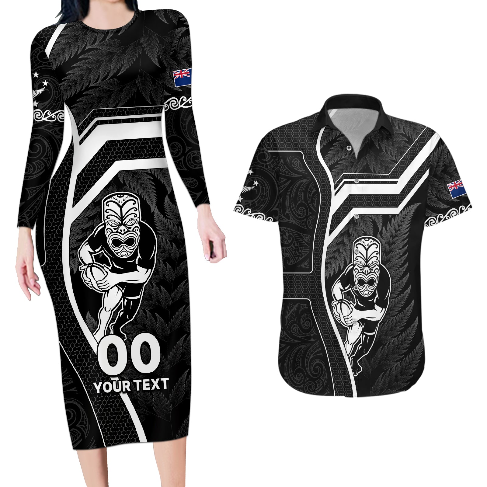 Custom New Zealand Aotearoa Rugby Couples Matching Long Sleeve Bodycon Dress and Hawaiian Shirt Black Fern Maori Tribal Sporty Style LT9 Black - Polynesian Pride