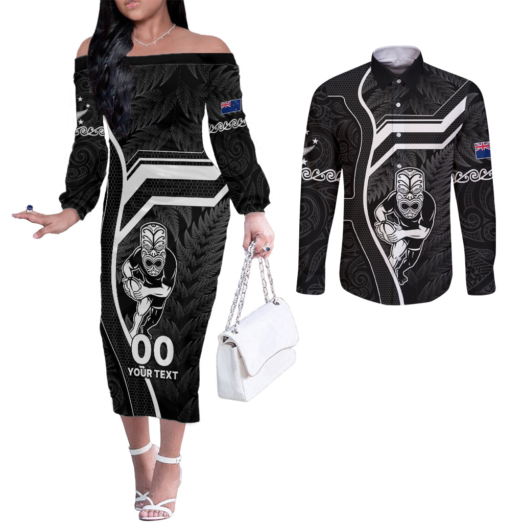 Custom New Zealand Aotearoa Rugby Couples Matching Off The Shoulder Long Sleeve Dress and Long Sleeve Button Shirts Black Fern Maori Tribal Sporty Style LT9 Black - Polynesian Pride