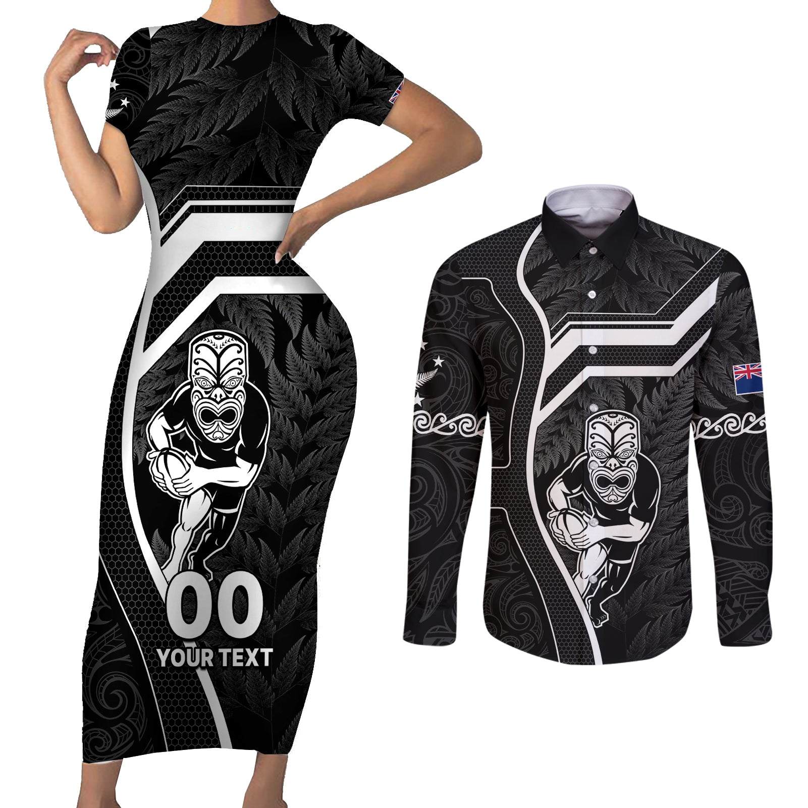 Custom New Zealand Aotearoa Rugby Couples Matching Short Sleeve Bodycon Dress and Long Sleeve Button Shirts Black Fern Maori Tribal Sporty Style LT9 Black - Polynesian Pride