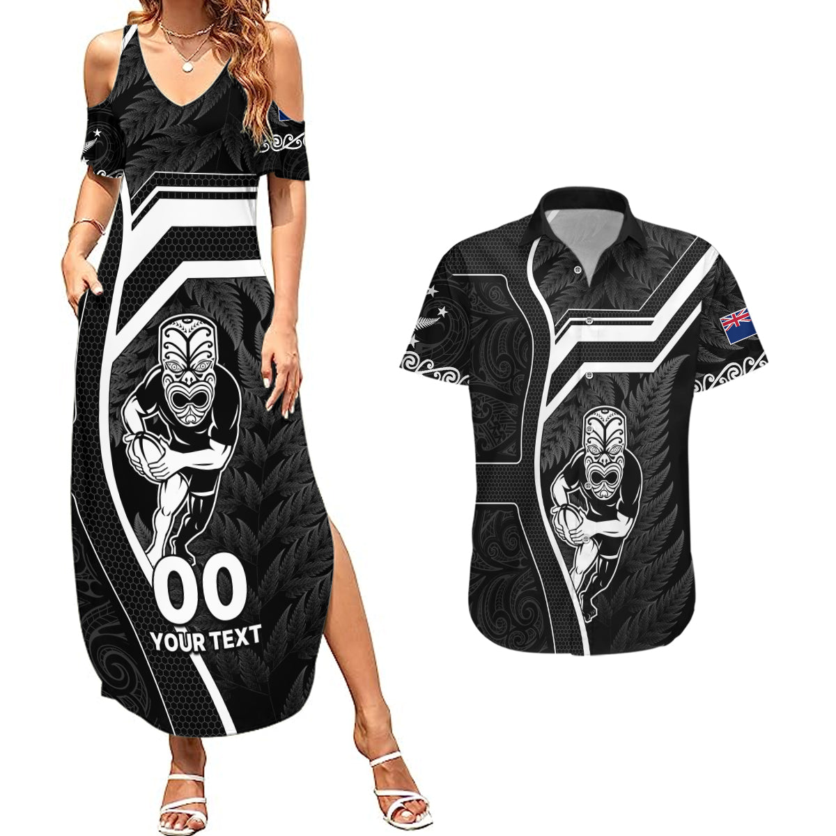 Custom New Zealand Aotearoa Rugby Couples Matching Summer Maxi Dress and Hawaiian Shirt Black Fern Maori Tribal Sporty Style LT9 Black - Polynesian Pride