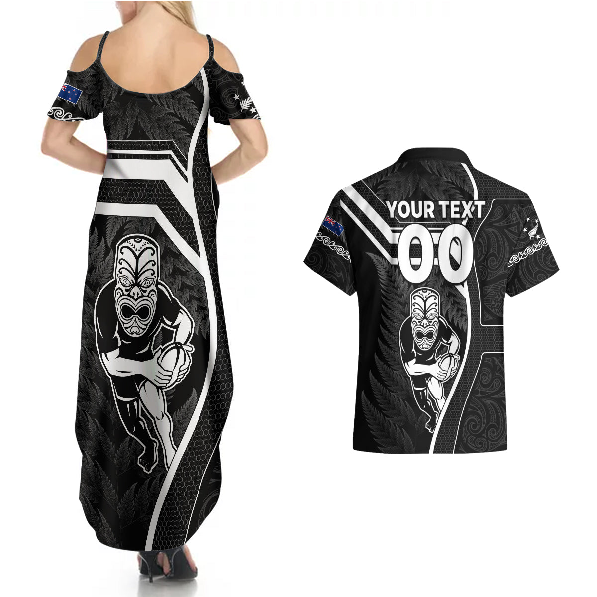 Custom New Zealand Aotearoa Rugby Couples Matching Summer Maxi Dress and Hawaiian Shirt Black Fern Maori Tribal Sporty Style LT9 - Polynesian Pride