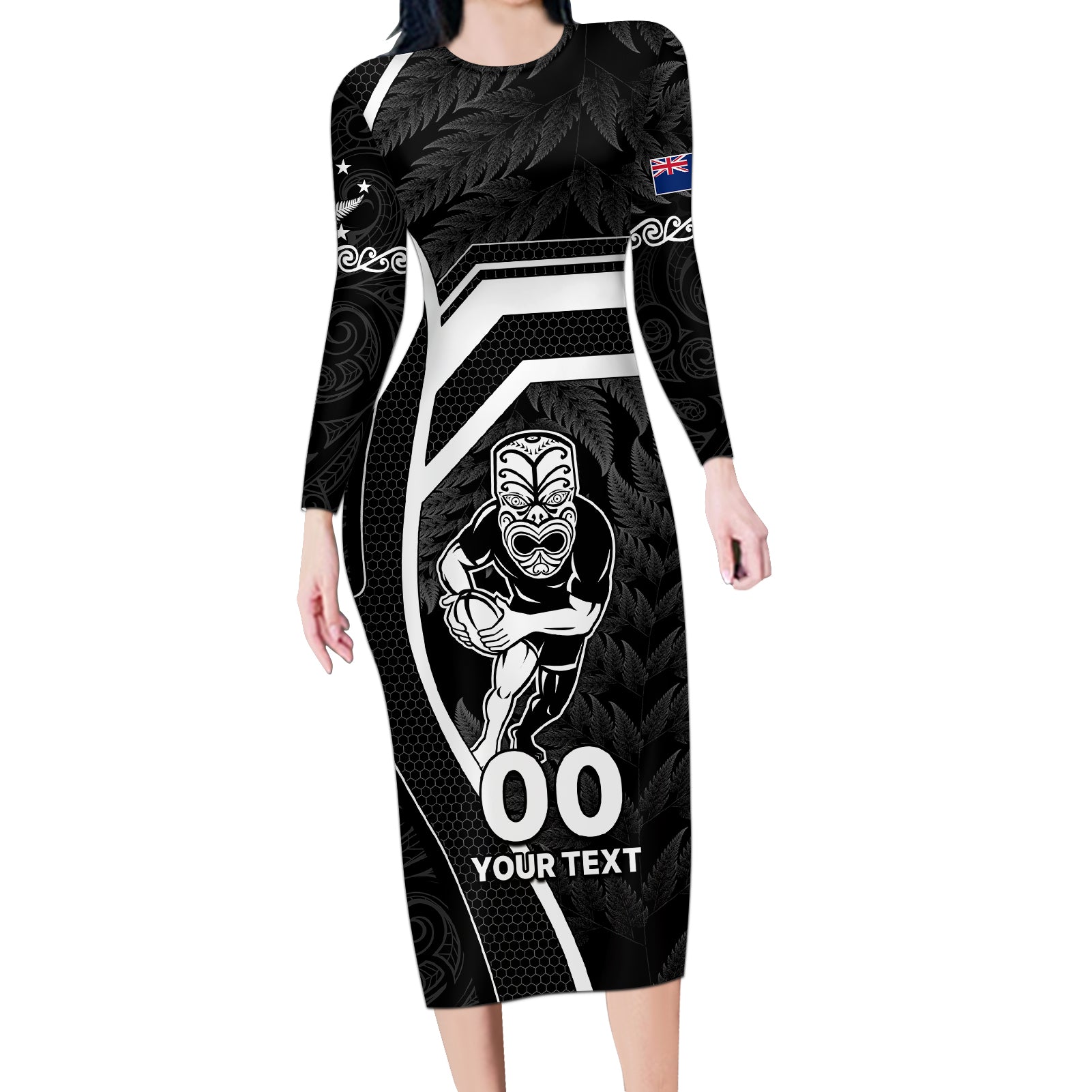 Custom New Zealand Aotearoa Rugby Long Sleeve Bodycon Dress Black Fern Maori Tribal Sporty Style LT9 Long Dress Black - Polynesian Pride