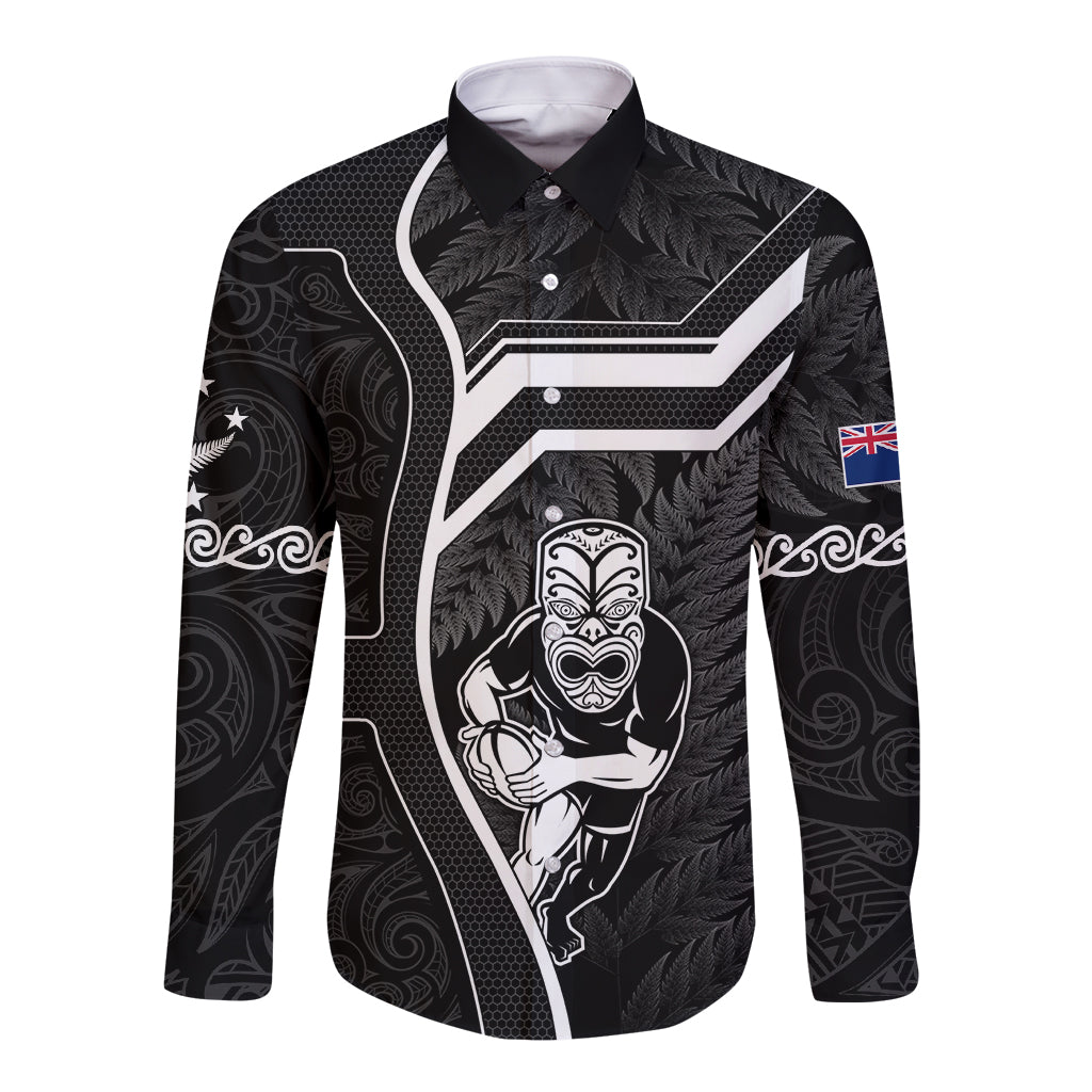 Custom New Zealand Aotearoa Rugby Long Sleeve Button Shirt Black Fern Maori Tribal Sporty Style LT9 Unisex Black - Polynesian Pride