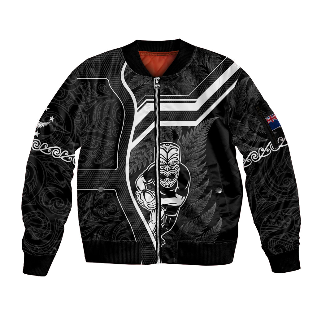 Custom New Zealand Aotearoa Rugby Sleeve Zip Bomber Jacket Black Fern Maori Tribal Sporty Style LT9 Unisex Black - Polynesian Pride